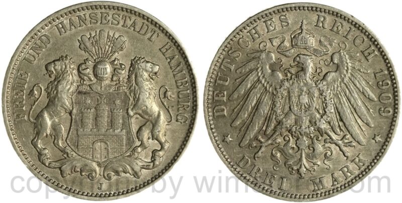 deutsches kaiserreich hamburg, 3 mark 1909 j, silber, ss