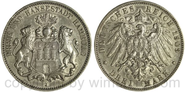 deutsches kaiserreich hamburg, 3 mark 1909 j, silber, ss