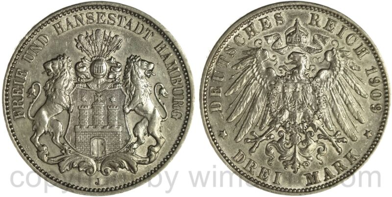 deutsches kaiserreich hamburg, 3 mark 1909 j, silber, ss