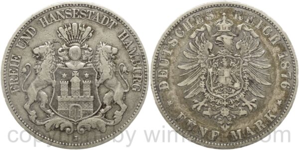 deutsches kaiserreich hamburg, 5 mark 1876 j, silber, ss, schöne dunkelung