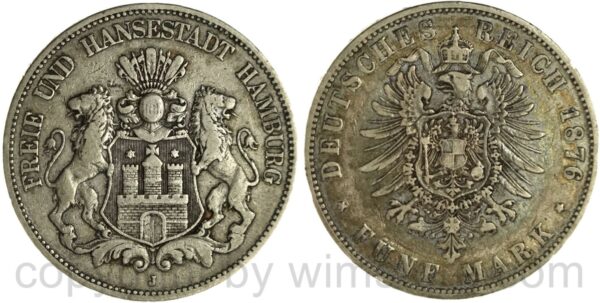 deutsches kaiserreich hamburg, 5 mark 1876 j, silber, ss, schöne dunkelung