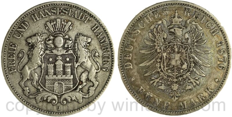 deutsches kaiserreich hamburg, 5 mark 1876 j, silber, ss, schöne dunkelung