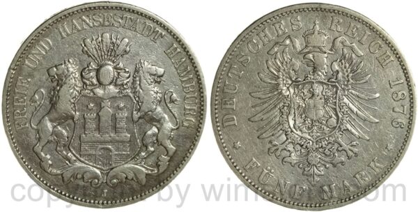 deutsches kaiserreich hamburg, 5 mark 1876 j, silber, ss, gereinigt