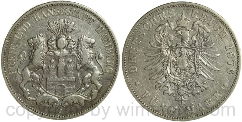 deutsches kaiserreich hamburg, 5 mark 1876 j, silber, ss, gereinigt deutsches kaiserreich hamburg, 5 mark 1876 j, silber, ss, gereinigt
