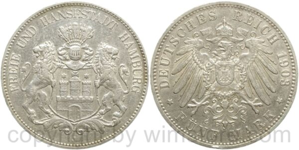 deutsches kaiserreich hamburg, 5 mark 1903 j, silber, ss
