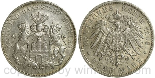 deutsches kaiserreich hamburg, 5 mark 1903 j, silber, ss
