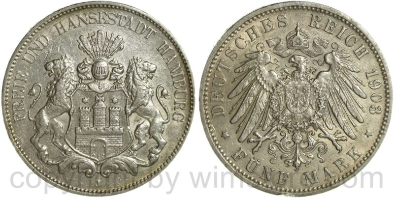 deutsches kaiserreich hamburg, 5 mark 1903 j, silber, ss