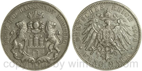 deutsches kaiserreich hamburg, 5 mark 1903 j, silber, ss