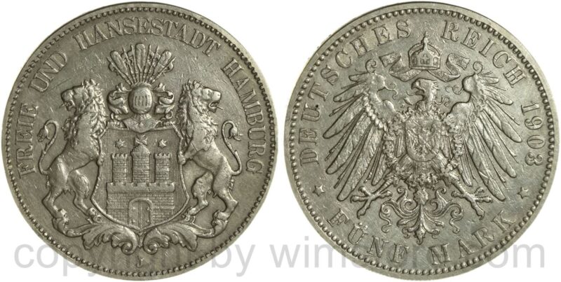 deutsches kaiserreich hamburg, 5 mark 1903 j, silber, ss deutsches kaiserreich hamburg, 5 mark 1903 j, silber, ss