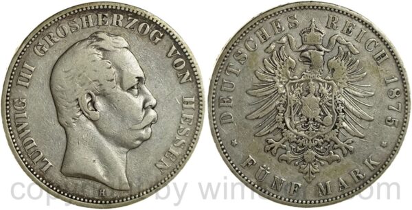 deutsches kaiserreich hessen, 5 mark 1875 h, silber, s ss