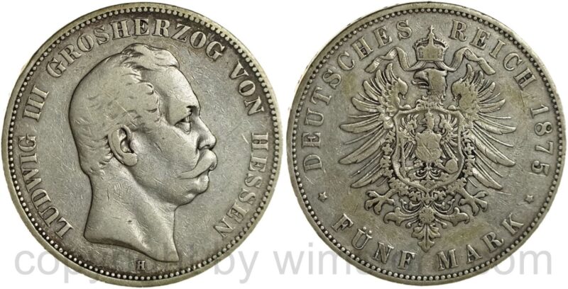 deutsches kaiserreich hessen, 5 mark 1875 h, silber, s ss