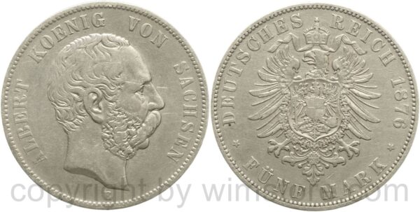 deutsches kaiserreich hessen, 5 mark 1876 h, silber, ss