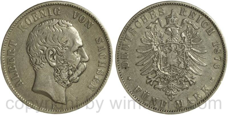 deutsches kaiserreich hessen, 5 mark 1876 h, silber, ss