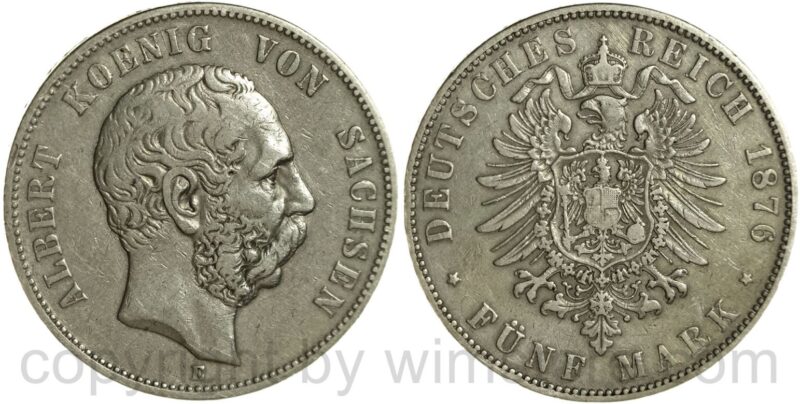 deutsches kaiserreich hessen, 5 mark 1876 h, silber, ss