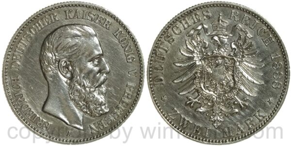 deutsches kaiserreich preussen, 2 mark 1888 a, silber, ss vz