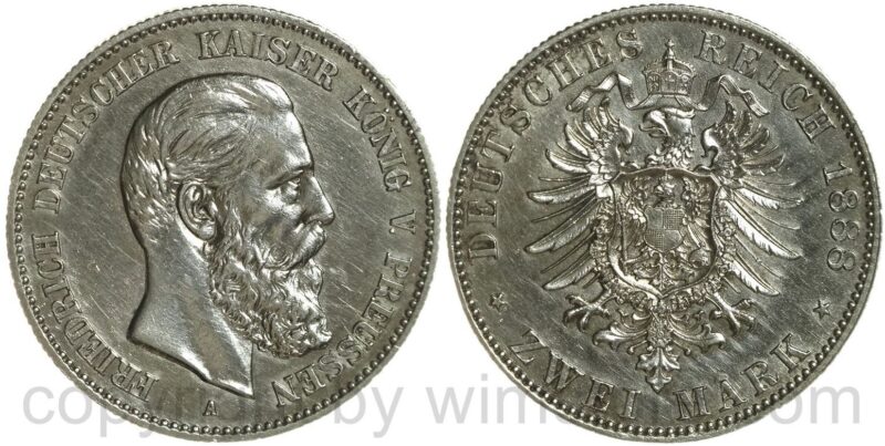 deutsches kaiserreich preussen, 2 mark 1888 a, silber, ss vz
