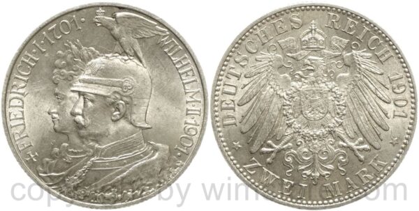 deutsches kaiserreich preussen, 2 mark 1901, a, 200 jahre königreich preussen, silber, vz