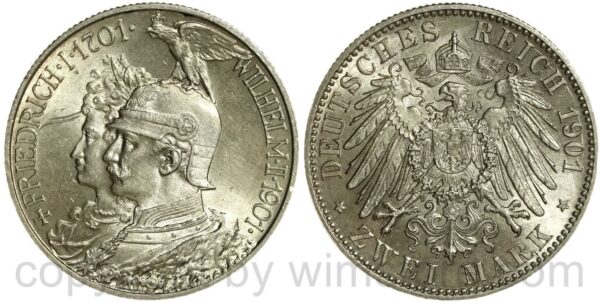 deutsches kaiserreich preussen, 2 mark 1901, a, 200 jahre königreich preussen, silber, vz