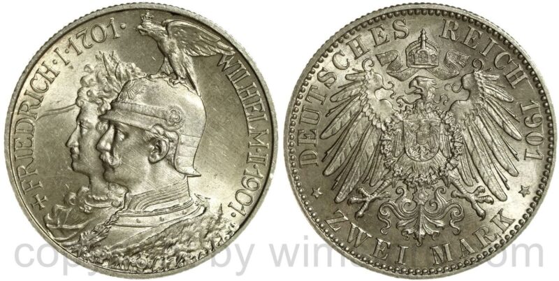 deutsches kaiserreich preussen, 2 mark 1901, a, 200 jahre königreich preussen, silber, vz