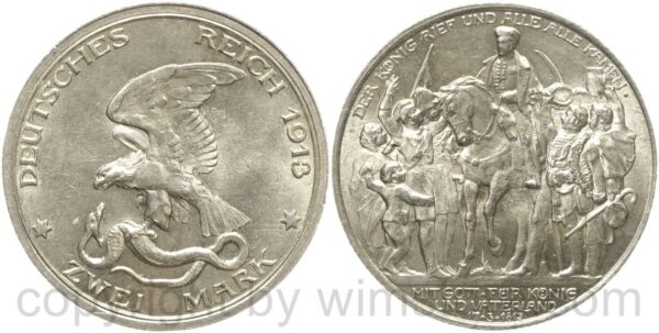 deutsches kaiserreich preussen, 2 mark 1913, a, befreiungskampf, der könig rief und alle alle kamen, silber, st