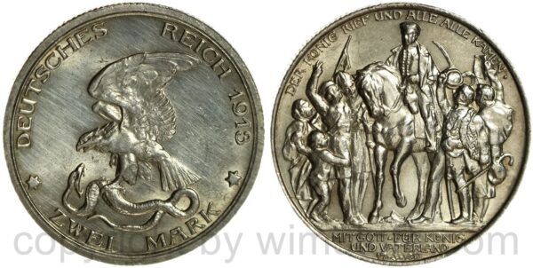 deutsches kaiserreich preussen, 2 mark 1913, a, befreiungskampf, der könig rief und alle alle kamen, silber, vz st