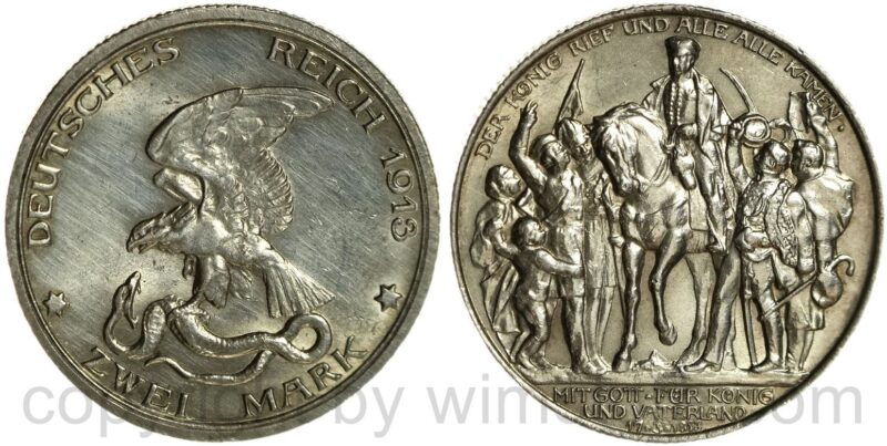 deutsches kaiserreich preussen, 2 mark 1913, a, befreiungskampf, der könig rief und alle alle kamen, silber, vz st deutsches kaiserreich preussen, 2 mark 1913, a, befreiungskampf, der könig rief und alle alle kamen, silber, vz st