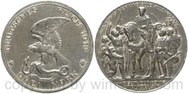 deutsches kaiserreich preussen, 3 mark 1913, a, befreiungskampf, der könig rief und alle alle kamen, silber, st