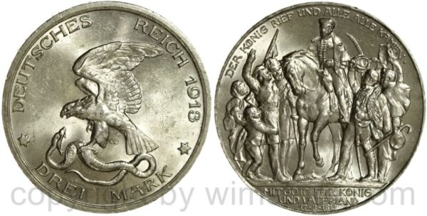 deutsches kaiserreich preussen, 3 mark 1913, a, befreiungskampf, der könig rief und alle alle kamen, silber, st