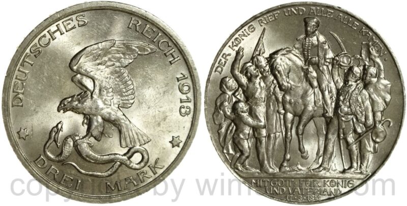 deutsches kaiserreich preussen, 3 mark 1913, a, befreiungskampf, der könig rief und alle alle kamen, silber, st deutsches kaiserreich preussen, 3 mark 1913, a, befreiungskampf, der könig rief und alle alle kamen, silber, st