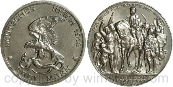 deutsches kaiserreich preussen, 3 mark 1913, a, befreiungskampf, der könig rief und alle alle kamen, silber, st