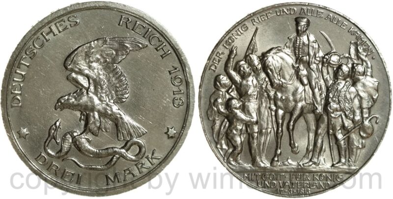 deutsches kaiserreich preussen, 3 mark 1913, a, befreiungskampf, der könig rief und alle alle kamen, silber, st deutsches kaiserreich preussen, 3 mark 1913, a, befreiungskampf, der könig rief und alle alle kamen, silber, st