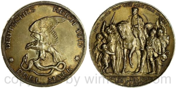 deutsches kaiserreich preussen, 3 mark 1913, a, befreiungskampf, der könig rief und alle alle kamen, silber, st, schöne dunkelung