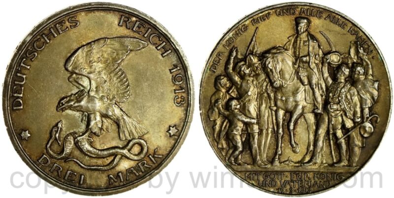 deutsches kaiserreich preussen, 3 mark 1913, a, befreiungskampf, der könig rief und alle alle kamen, silber, st, schöne dunkelung deutsches kaiserreich preussen, 3 mark 1913, a, befreiungskampf, der könig rief und alle alle kamen, silber, st, schöne dunkelung