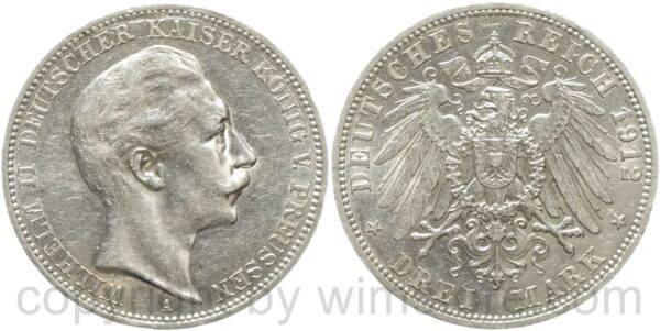 deutsches kaiserreich preussen, 3 mark 1912, a, silber, ss vz