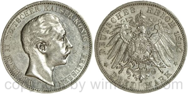 deutsches kaiserreich preussen, 3 mark 1912, a, silber, ss vz
