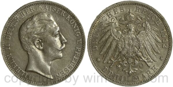 deutsches kaiserreich preussen, 3 mark 1912, a, silber, ss
