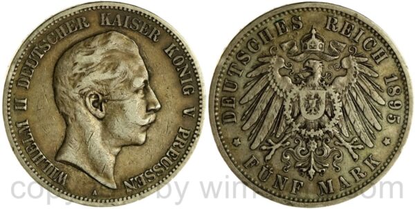 deutsches kaiserreich preussen, 5 mark 1895, a, silber, ss, sehr schöne dunkelung