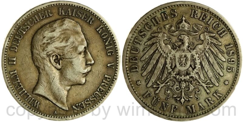 deutsches kaiserreich preussen, 5 mark 1895, a, silber, ss, sehr schöne dunkelung deutsches kaiserreich preussen, 5 mark 1895, a, silber, ss, sehr schöne dunkelung
