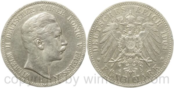deutsches kaiserreich preussen, 5 mark 1901, a, silber, ss, randschäden