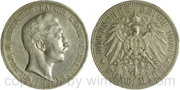 deutsches kaiserreich preussen, 5 mark 1901, a, silber, ss, randschäden