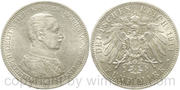 deutsches kaiserreich preussen, 5 mark 1914, a, silber, vz