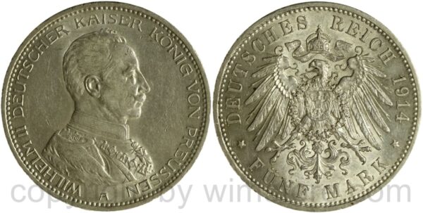 deutsches kaiserreich preussen, 5 mark 1914, a, silber, vz