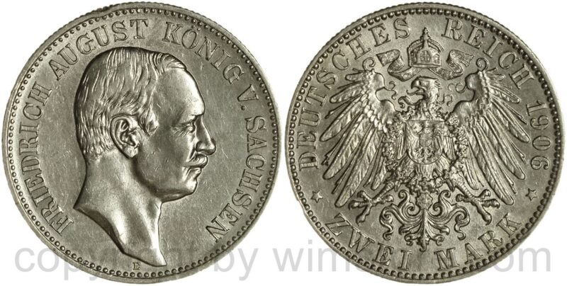 deutsches kaiserreich sachsen, 2 mark 1906 e, silber, vz, randschaden deutsches kaiserreich sachsen, 2 mark 1906 e, silber, vz, randschaden