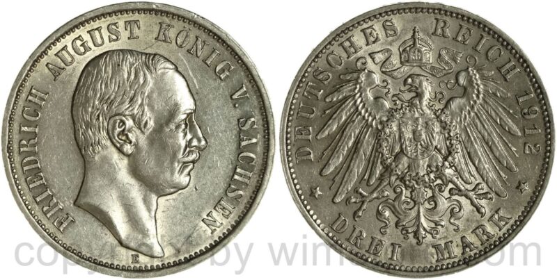 deutsches kaiserreich sachsen, 3 mark 1912 e, silber, ss deutsches kaiserreich sachsen, 3 mark 1912 e, silber, ss