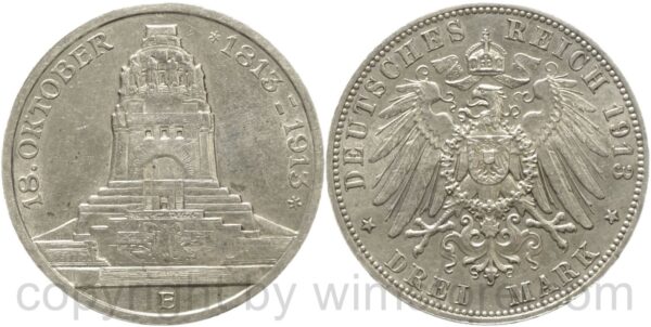deutsches kaiserreich sachsen, 3 mark 1913 e, völkerschlachtdenkmal, silber, vz