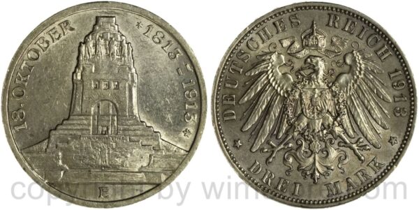 deutsches kaiserreich sachsen, 3 mark 1913 e, völkerschlachtdenkmal, silber, vz