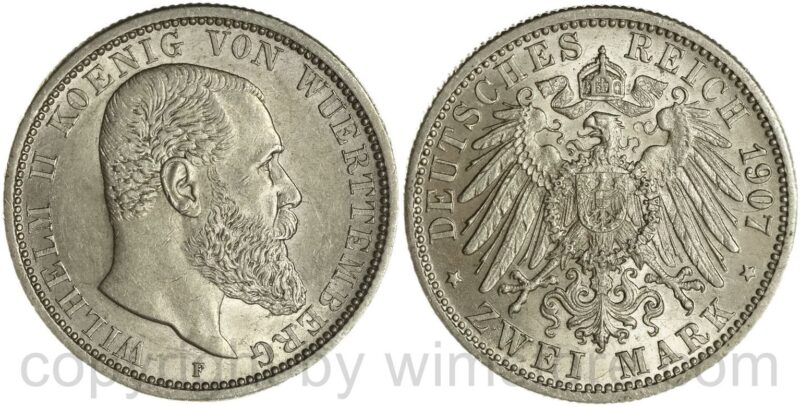 deutsches kaiserreich württemberg, 2 mark 1907, silber, vz deutsches kaiserreich württemberg, 2 mark 1907, silber, vz