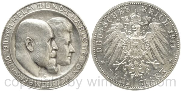 deutsches kaiserreich württemberg, 3 mark 1911, silberhochzeit, silber, vz