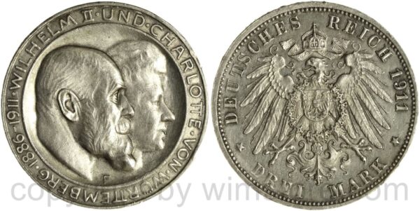 deutsches kaiserreich württemberg, 3 mark 1911, silberhochzeit, silber, vz