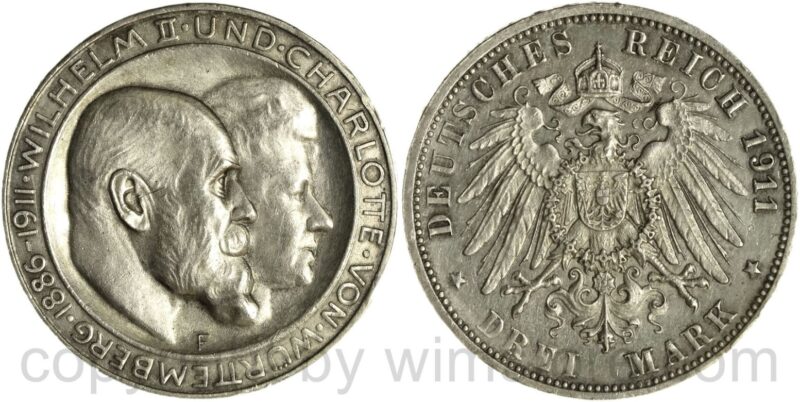 deutsches kaiserreich württemberg, 3 mark 1911, silberhochzeit, silber, vz deutsches kaiserreich württemberg, 3 mark 1911, silberhochzeit, silber, vz